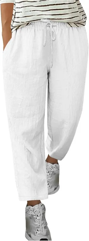 Women's Linen Pants Summer Cropped Pants Lightweight Straight Slacks Elastic Waist Casual Pant Trousers with Pockets