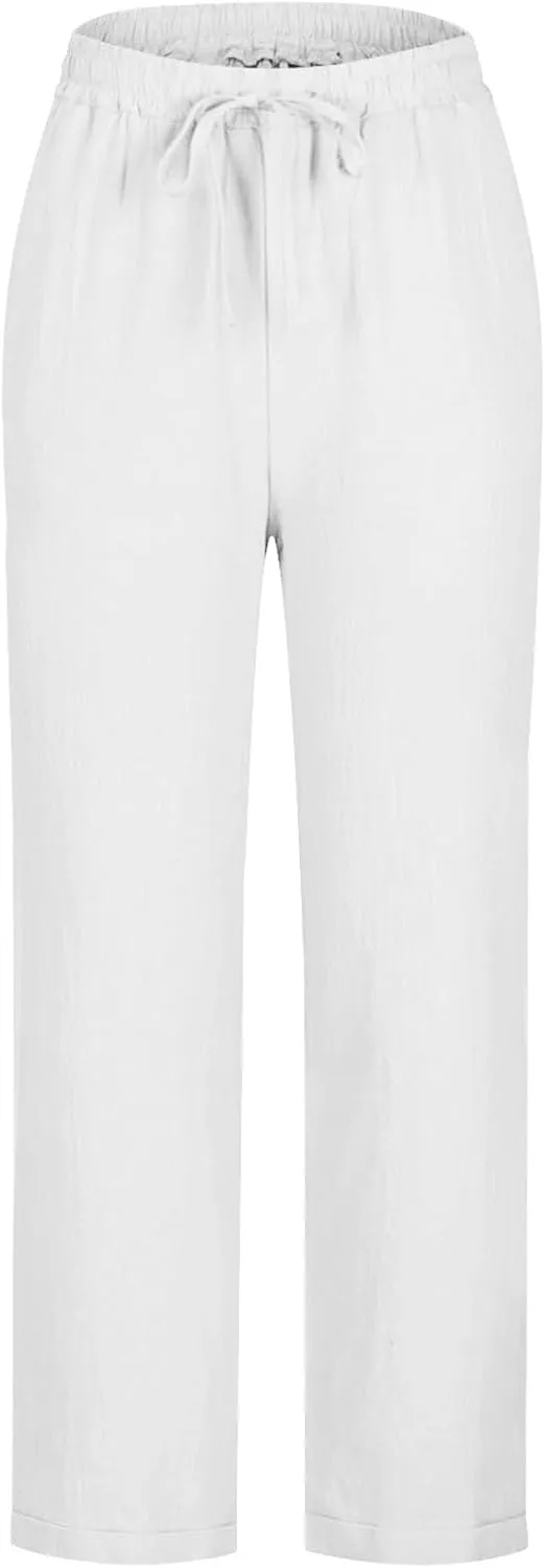 Women's Linen Pants Summer Cropped Pants Lightweight Straight Slacks Elastic Waist Casual Pant Trousers with Pockets