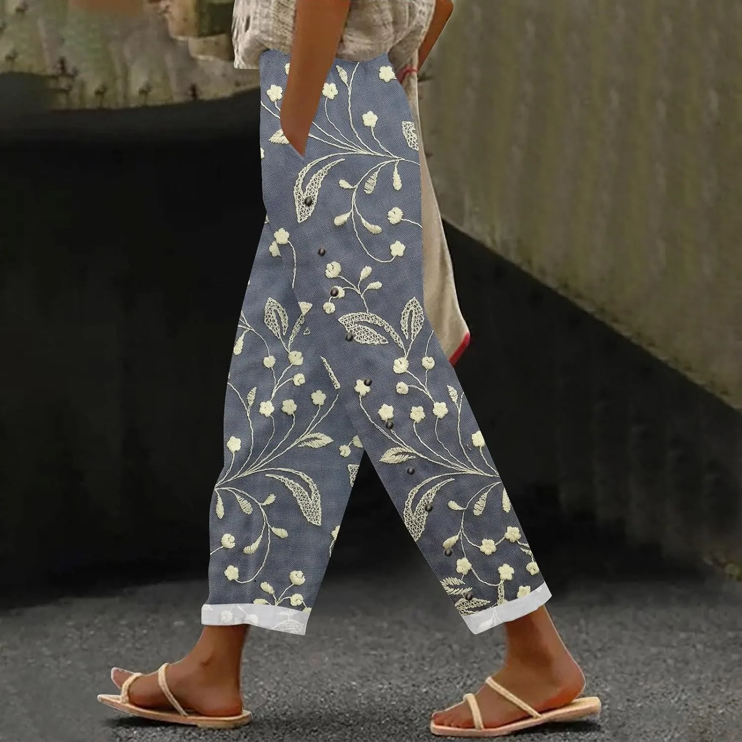 Womens Linen Pants with Pocket Trousers Side Cropped Pants Loose Casual Printed Comfy Loose Summer Beach