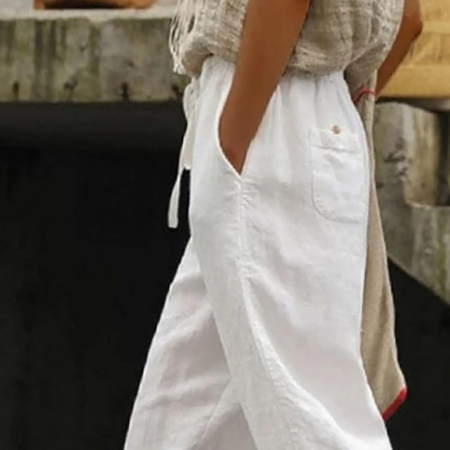 Womens Linen Pants with Pocket Trousers Side Cropped Pants Loose Casual Printed Comfy Loose Summer Beach