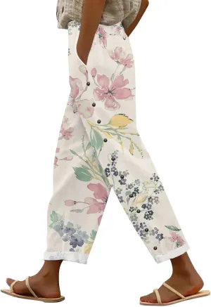 Womens Linen Pants with Pocket Trousers Side Cropped Pants Loose Casual Printed Comfy Loose Summer Beach
