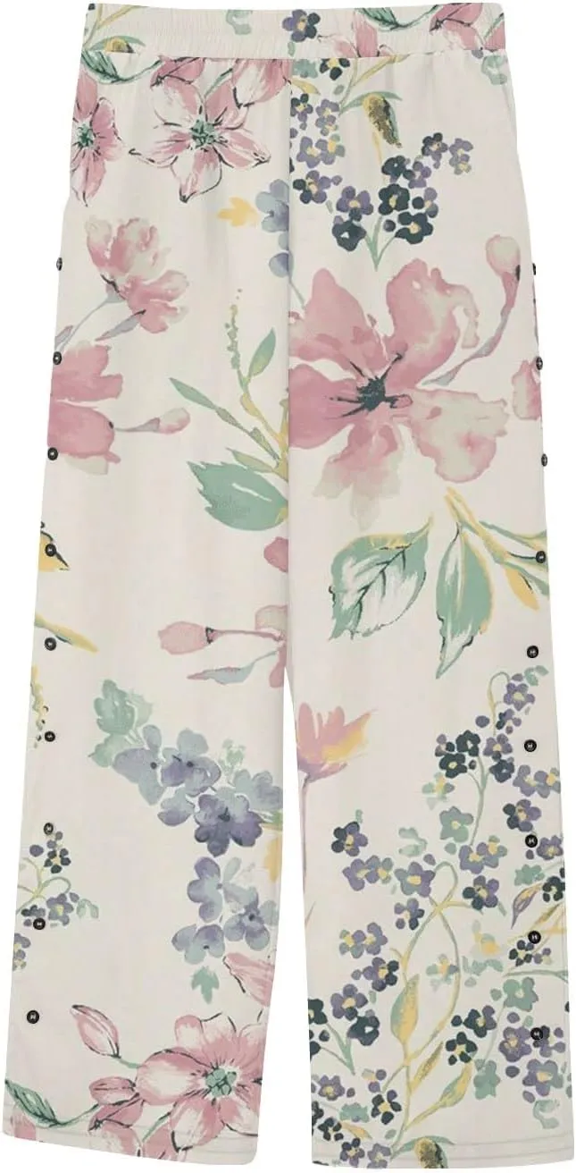 Womens Linen Pants with Pocket Trousers Side Cropped Pants Loose Casual Printed Comfy Loose Summer Beach
