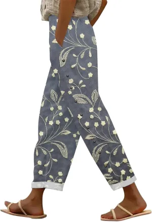 Womens Linen Pants with Pocket Trousers Side Cropped Pants Loose Casual Printed Comfy Loose Summer Beach