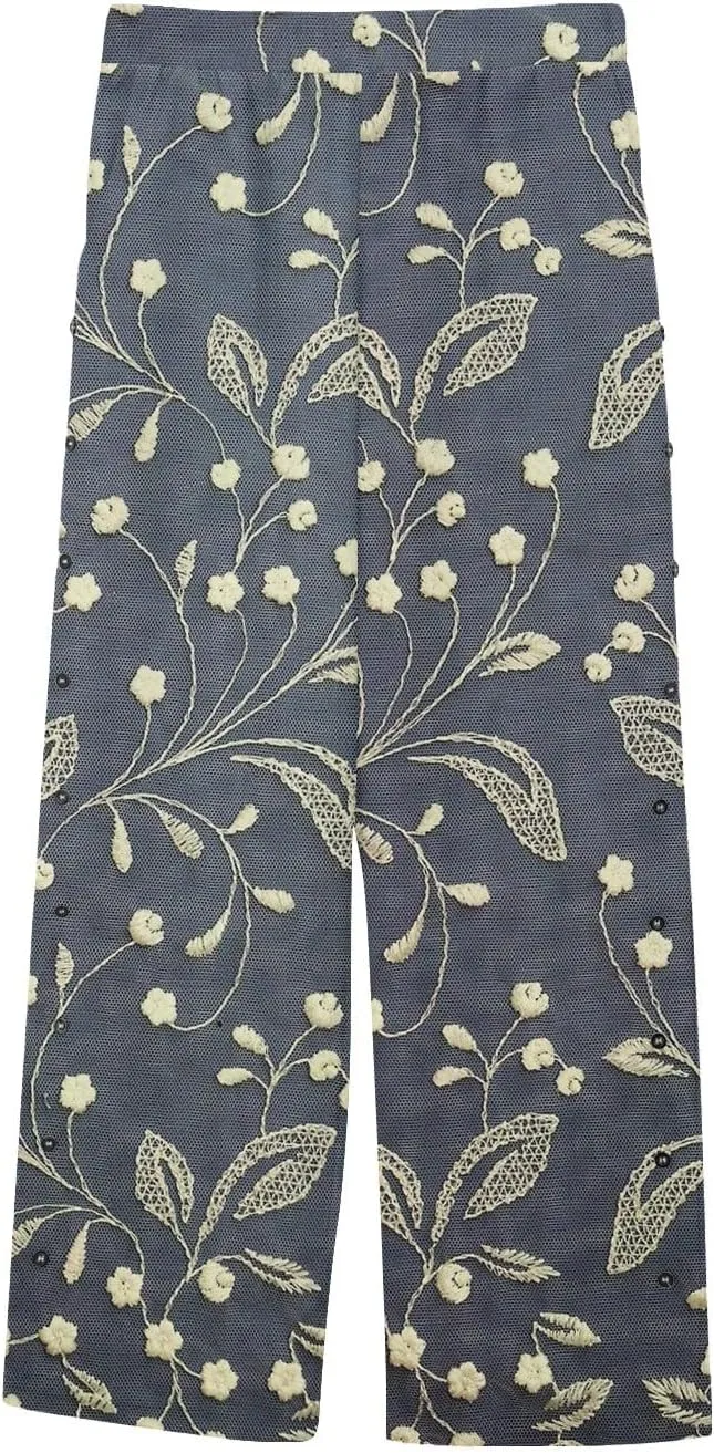 Womens Linen Pants with Pocket Trousers Side Cropped Pants Loose Casual Printed Comfy Loose Summer Beach