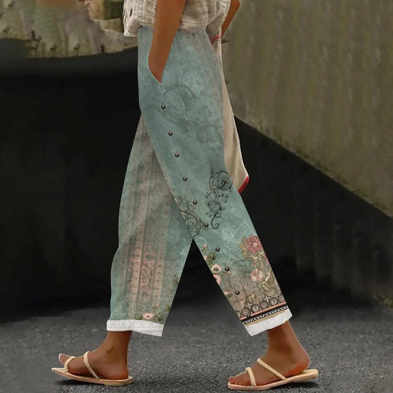 Womens Linen Pants with Pocket Trousers Side Cropped Pants Loose Casual Printed Comfy Loose Summer Beach