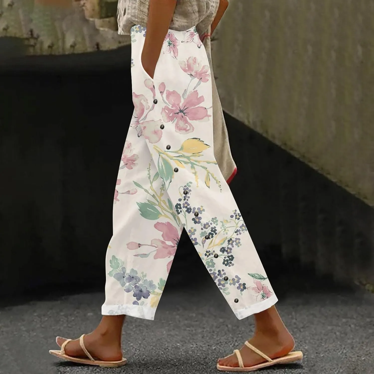 Womens Linen Pants with Pocket Trousers Side Cropped Pants Loose Casual Printed Comfy Loose Summer Beach