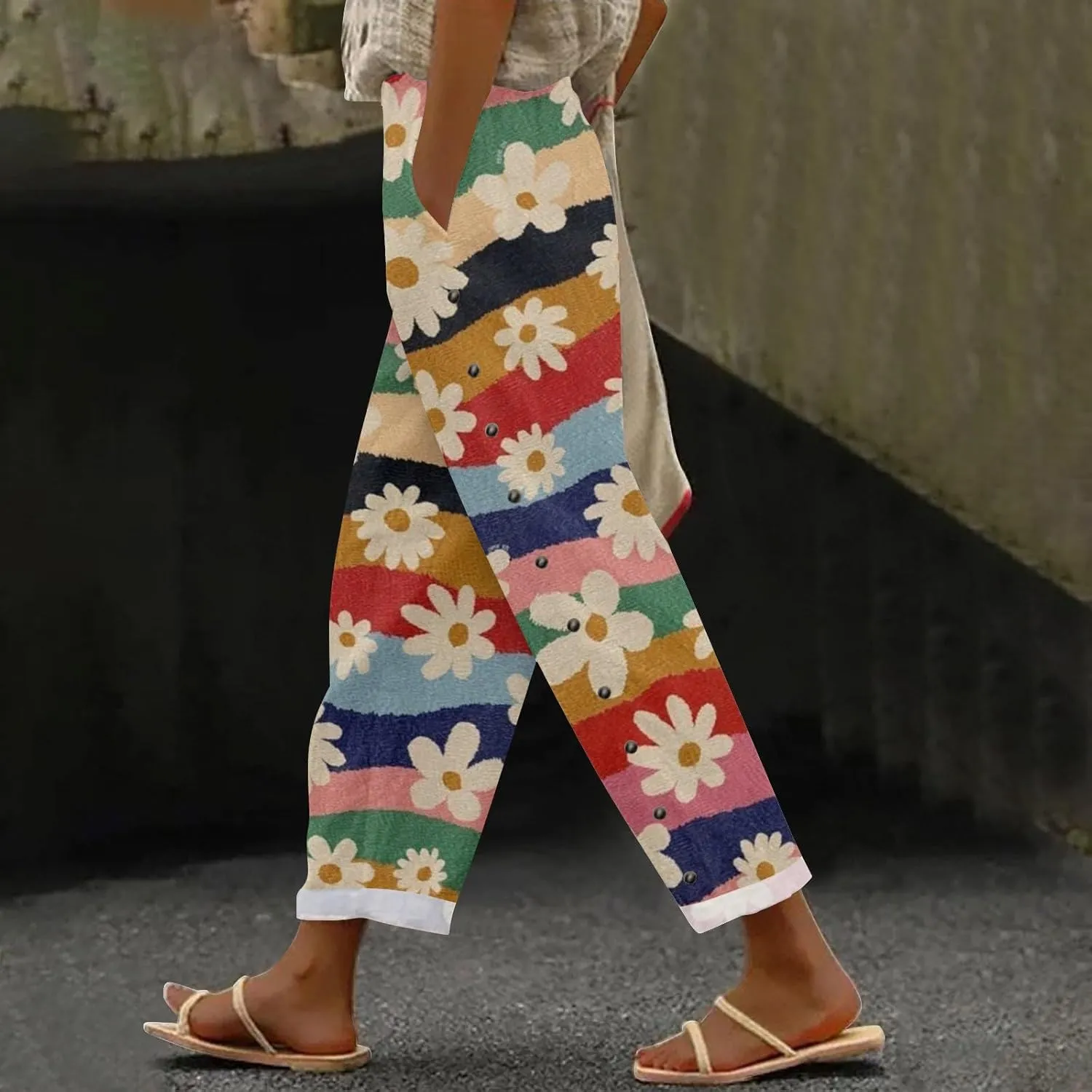 Womens Linen Pants with Pocket Trousers Side Cropped Pants Loose Casual Printed Comfy Loose Summer Beach