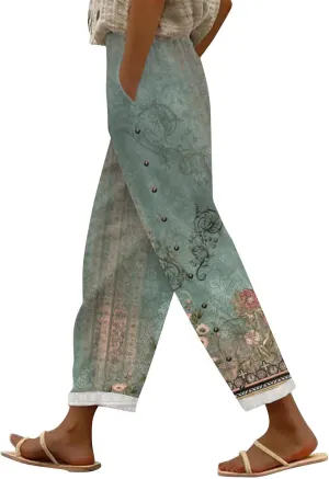 Womens Linen Pants with Pocket Trousers Side Cropped Pants Loose Casual Printed Comfy Loose Summer Beach