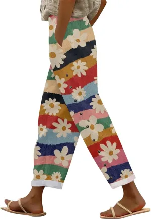 Womens Linen Pants with Pocket Trousers Side Cropped Pants Loose Casual Printed Comfy Loose Summer Beach