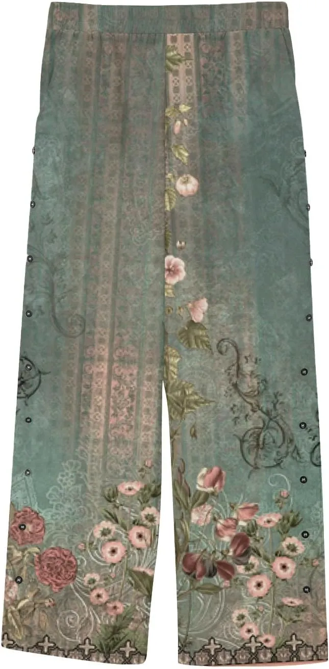 Womens Linen Pants with Pocket Trousers Side Cropped Pants Loose Casual Printed Comfy Loose Summer Beach