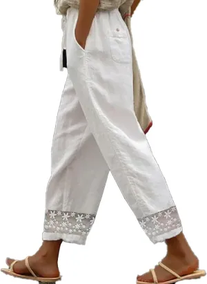 Womens Linen Pants with Pocket Trousers Side Cropped Pants Loose Casual Printed Comfy Loose Summer Beach