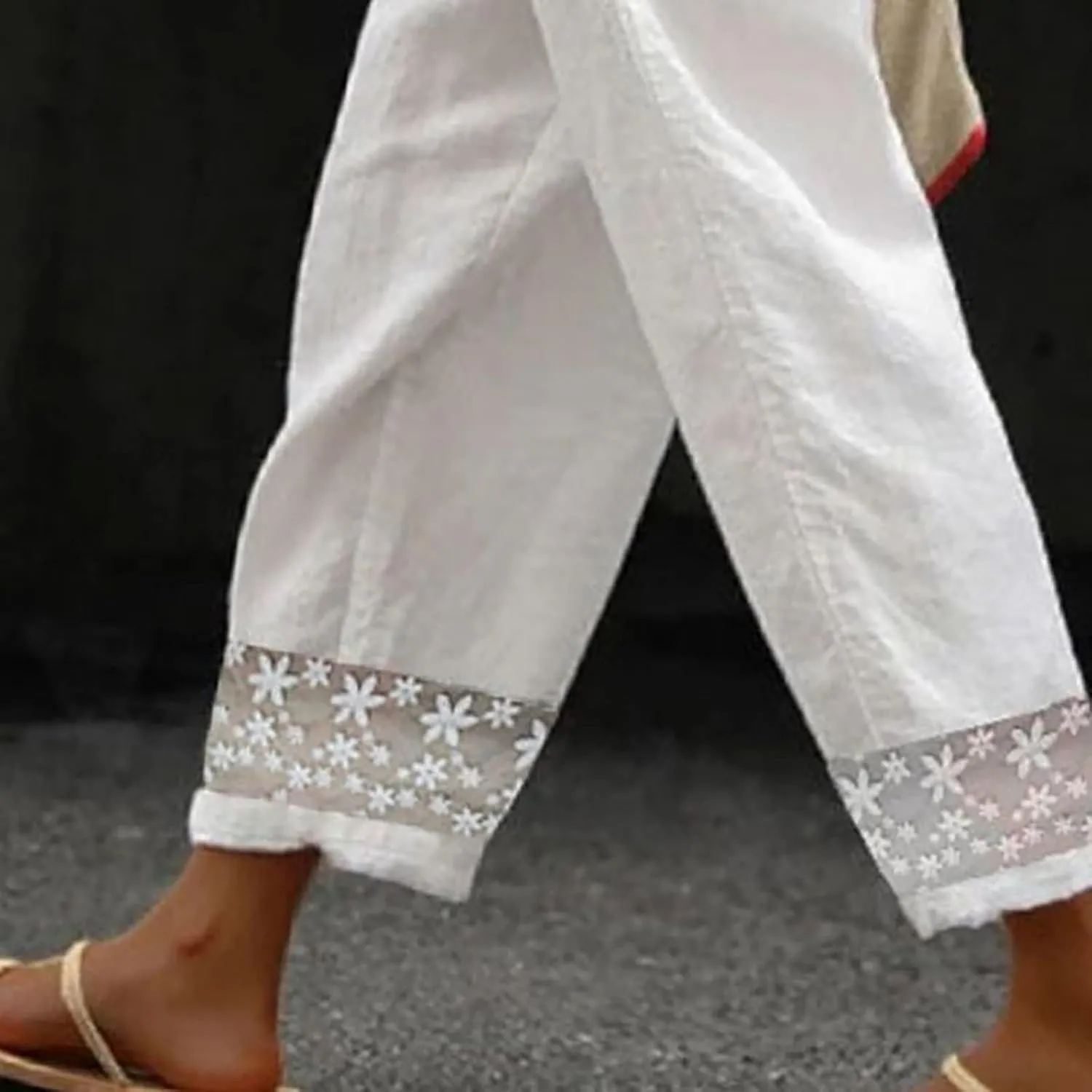 Womens Linen Pants with Pocket Trousers Side Cropped Pants Loose Casual Printed Comfy Loose Summer Beach