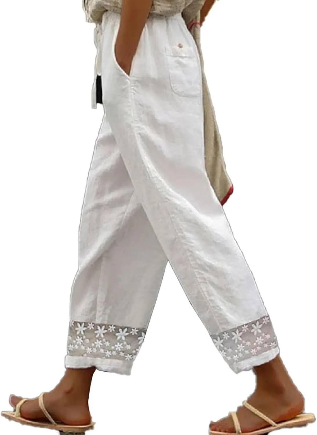Womens Linen Pants with Pocket Trousers Side Cropped Pants Loose Casual Printed Comfy Loose Summer Beach
