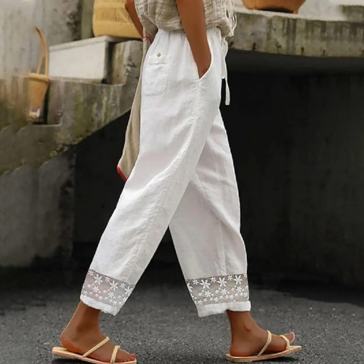 Womens Linen Pants with Pocket Trousers Side Cropped Pants Loose Casual Printed Comfy Loose Summer Beach