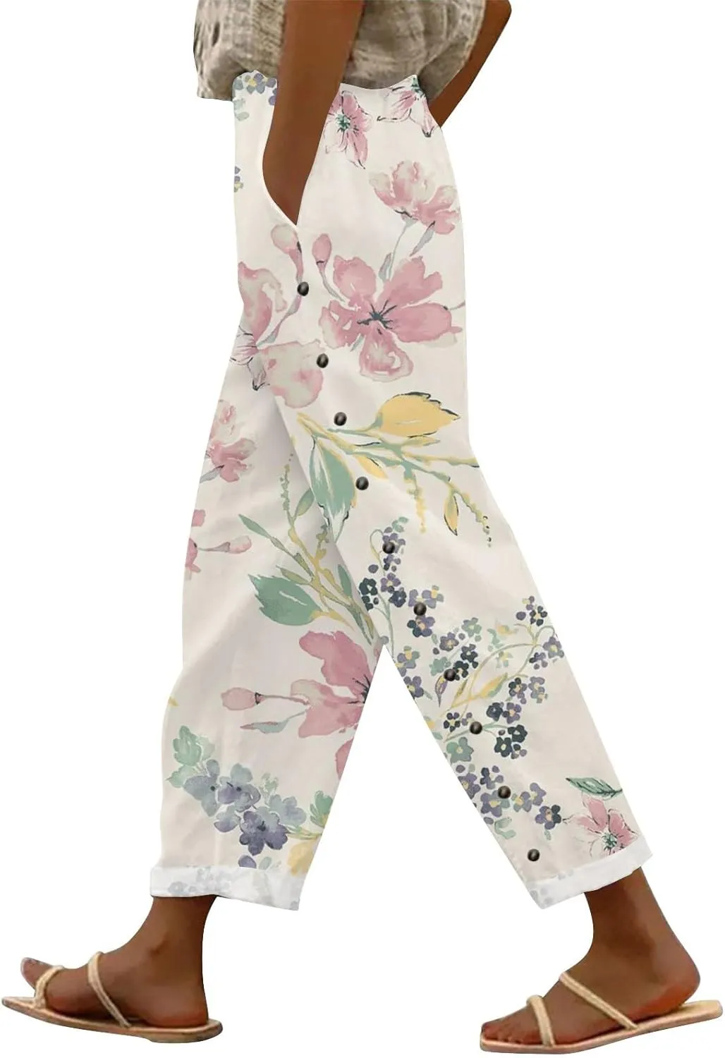 Womens Linen Pants with Pocket Trousers Side Cropped Pants Loose Casual Printed Comfy Loose Summer Beach