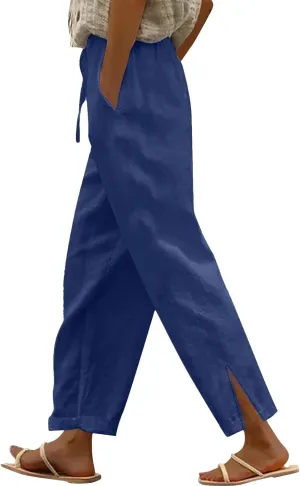 Womens Linen Pants with Pockets High Waist Comfy White Gauze Pants Straight Leg Casual Lightweight Loose Trousers