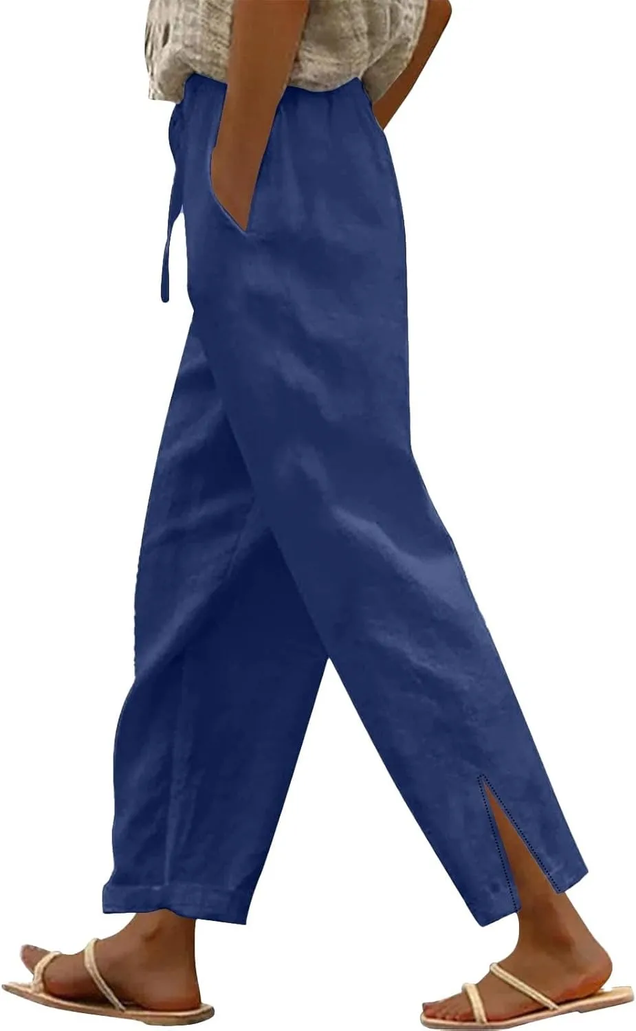 Womens Linen Pants with Pockets High Waist Comfy White Gauze Pants Straight Leg Casual Lightweight Loose Trousers