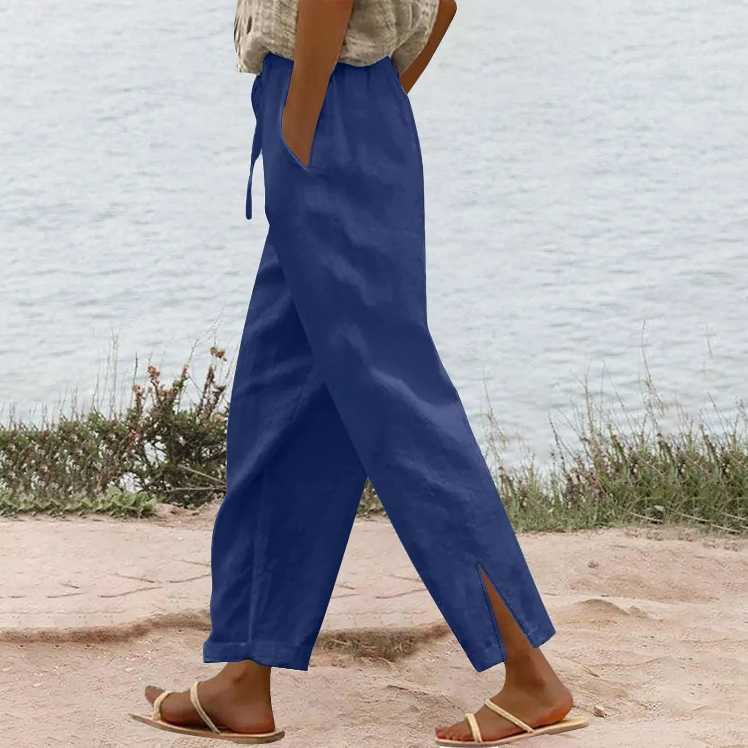 Womens Linen Pants with Pockets High Waist Comfy White Gauze Pants Straight Leg Casual Lightweight Loose Trousers