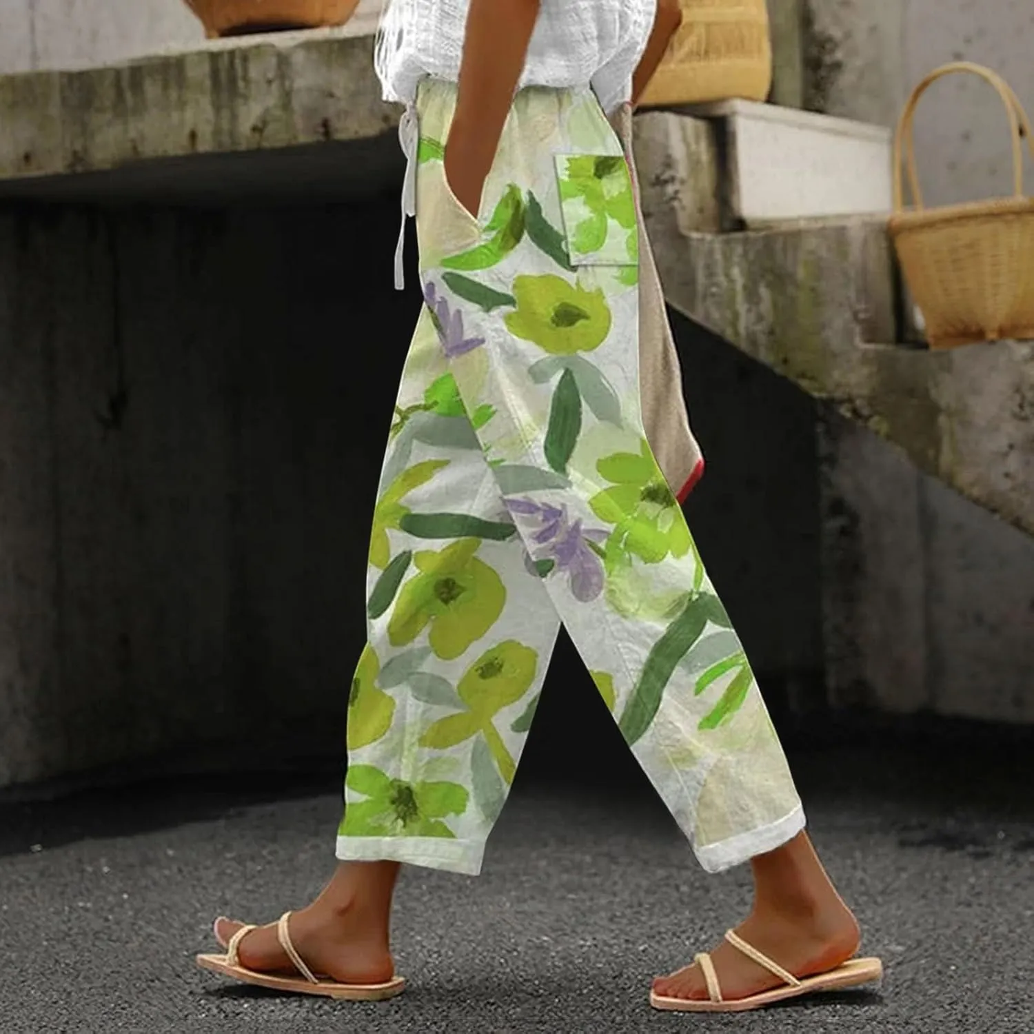 Womens Linen Summer Capri Pants Capri Pants with Pockets Wide Leg Cropped Pants for Women Comfy Loose Summer Beach