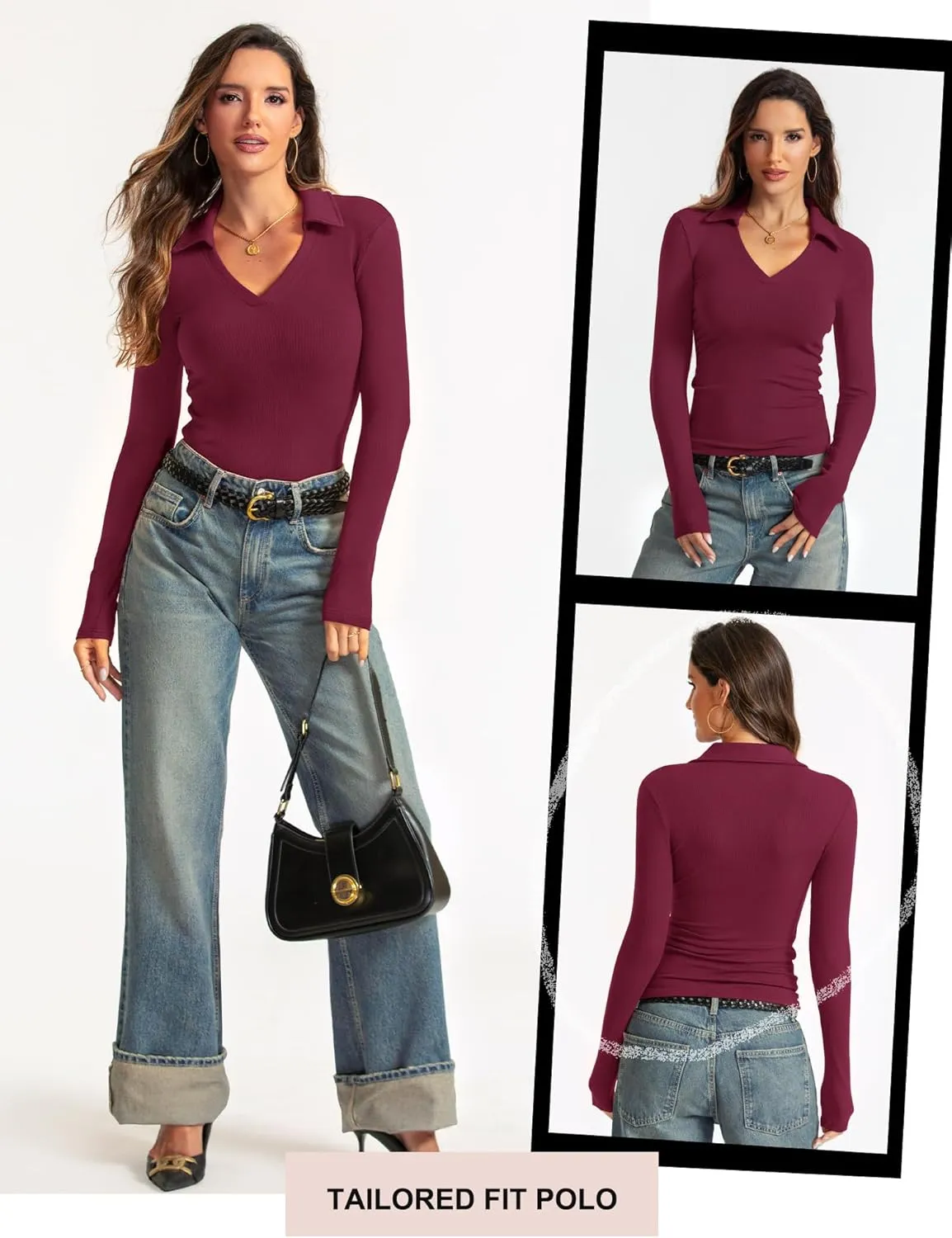 Womens Long Sleeve V Neck Polo Shirts Business Casual Collared Work Top Slim Fitted Basic 2024 Fall Outfit