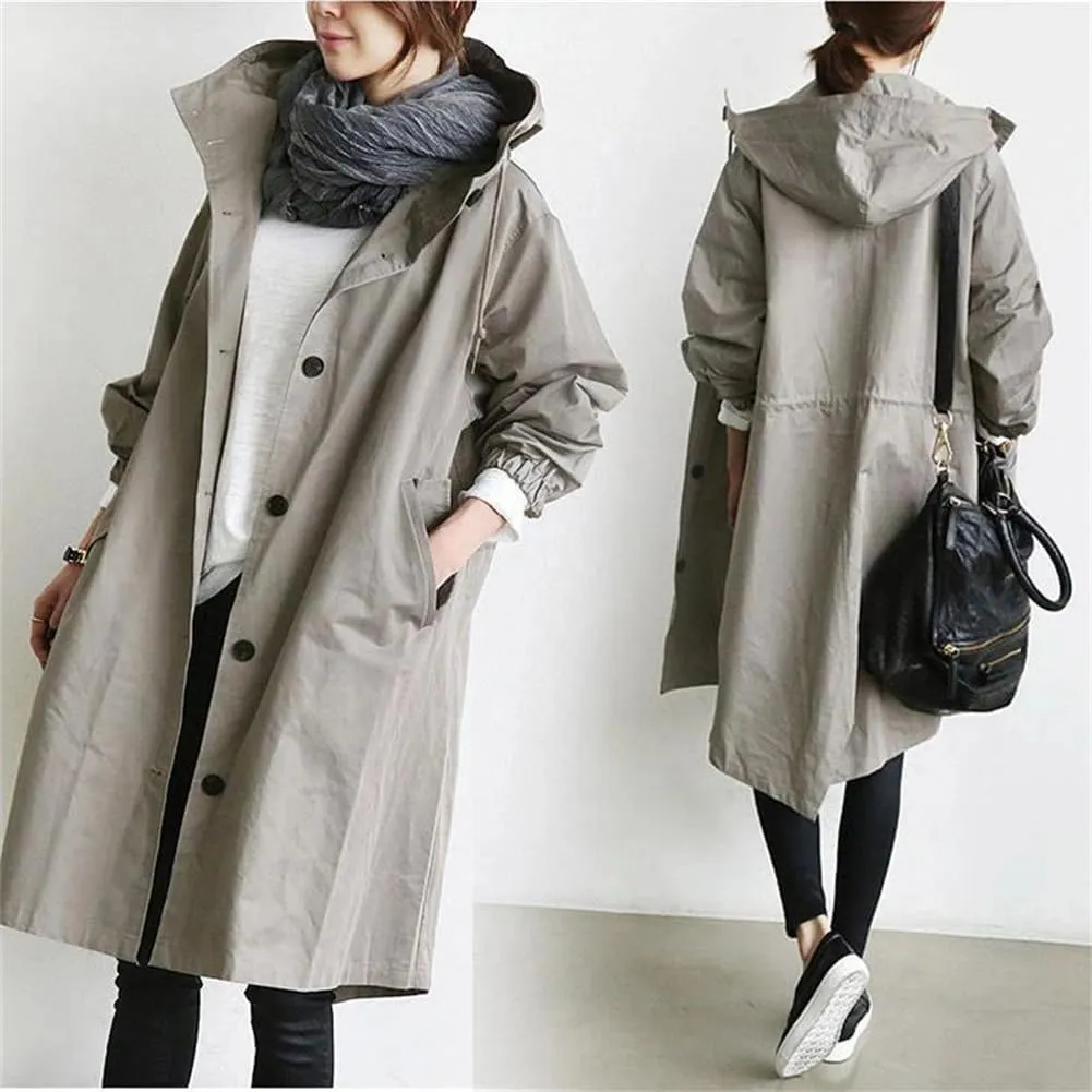 Women's Mid Length Trench Coat Loose Winter Hooded Oversized Elegant Windbreaker Comfortable Button Hooded Windbreaker