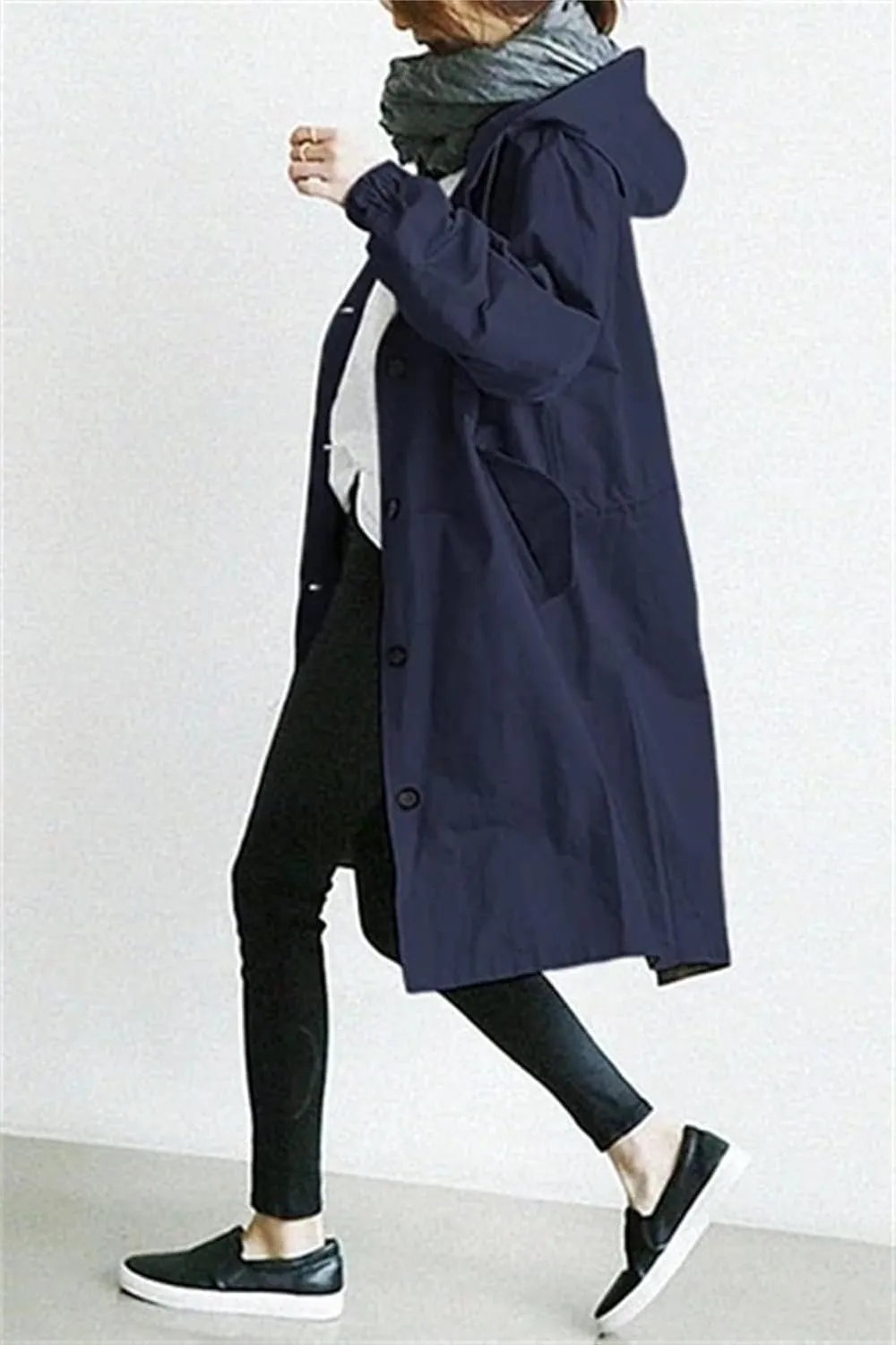 Women's Mid Length Trench Coat Loose Winter Hooded Oversized Elegant Windbreaker Comfortable Button Hooded Windbreaker
