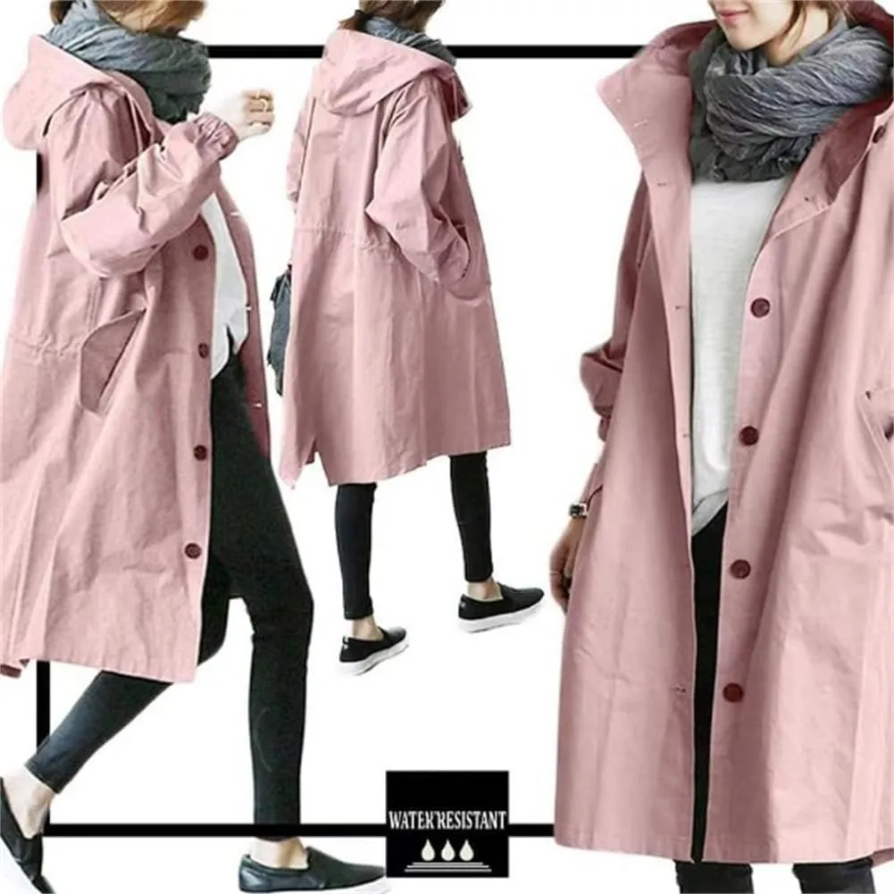 Women's Mid Length Trench Coat Loose Winter Hooded Oversized Elegant Windbreaker Comfortable Button Hooded Windbreaker
