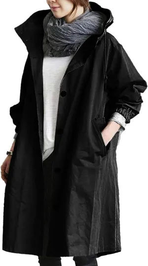 Women's Mid Length Trench Coat Loose Winter Hooded Oversized Elegant Windbreaker Comfortable Button Hooded Windbreaker