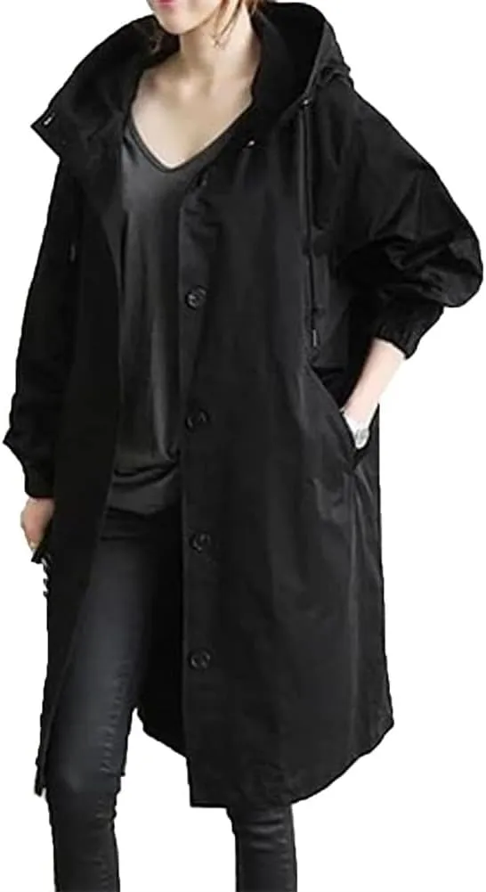 Women's Mid Length Trench Coat Loose Winter Hooded Oversized Elegant Windbreaker Comfortable Button Hooded Windbreaker