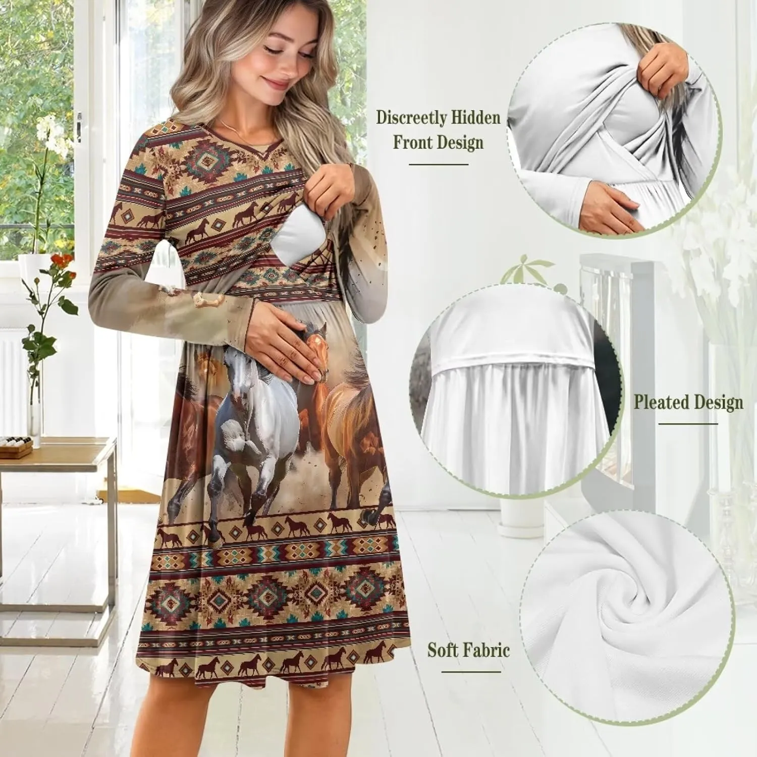 Women's Nursing Dress Long Sleeve Patchwork Maternity Dress A Line Round Neck Midi Pregnancy Clothes