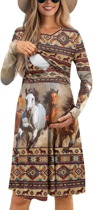 Women's Nursing Dress Long Sleeve Patchwork Maternity Dress A Line Round Neck Midi Pregnancy Clothes
