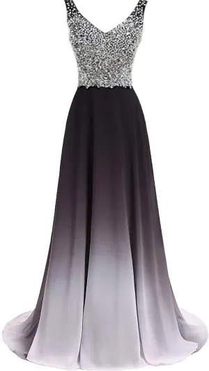 Women's Ombre Chiffon Bridesmaid Dresses Long Sequins Beaded Prom Party Dress for Juniors Plus
