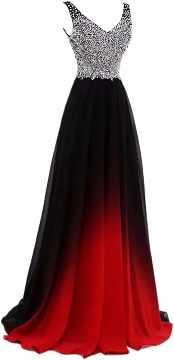 Women's Ombre Chiffon Bridesmaid Dresses Long Sequins Beaded Prom Party Dress for Juniors Plus