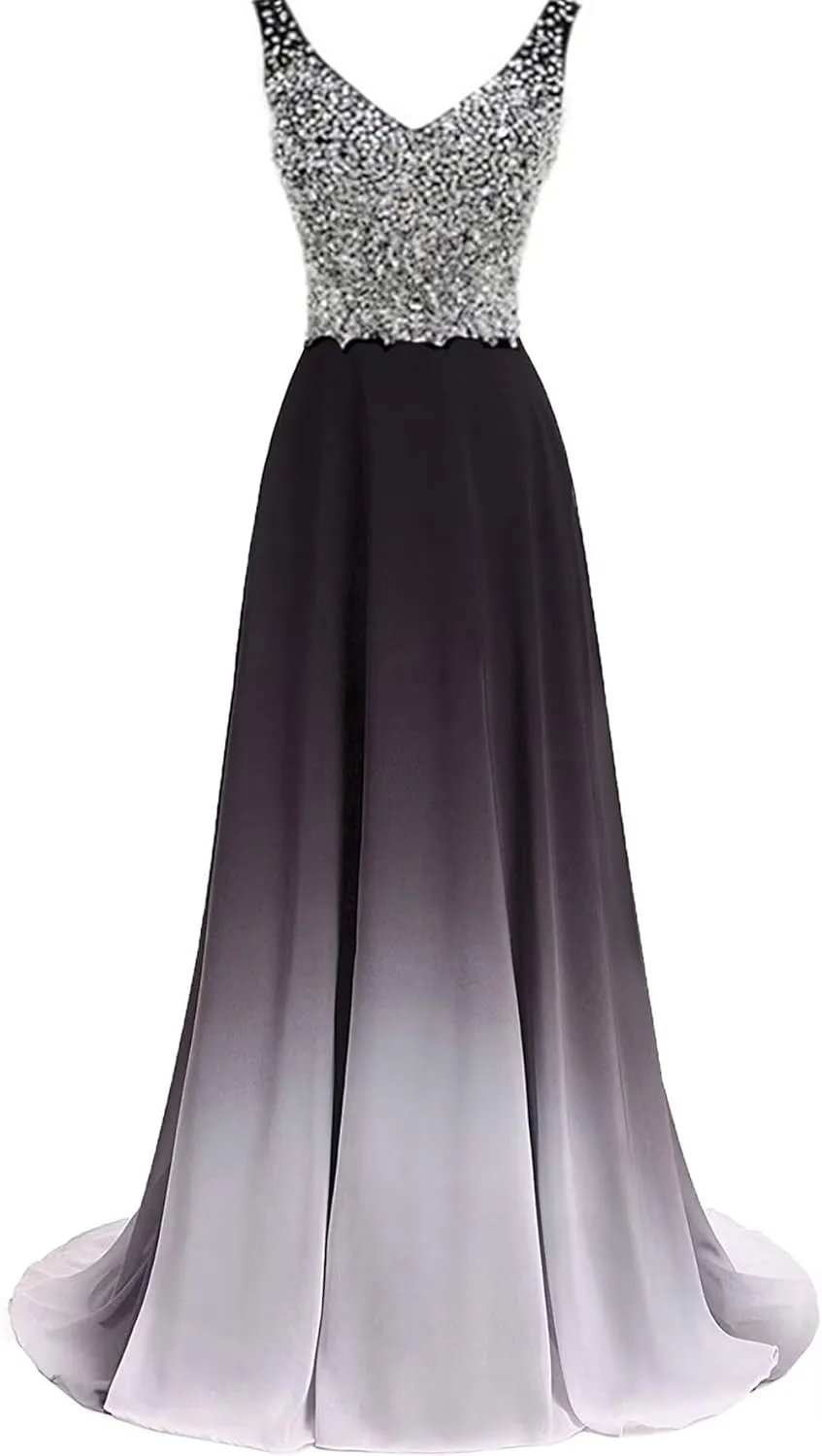 Women's Ombre Chiffon Bridesmaid Dresses Long Sequins Beaded Prom Party Dress for Juniors Plus