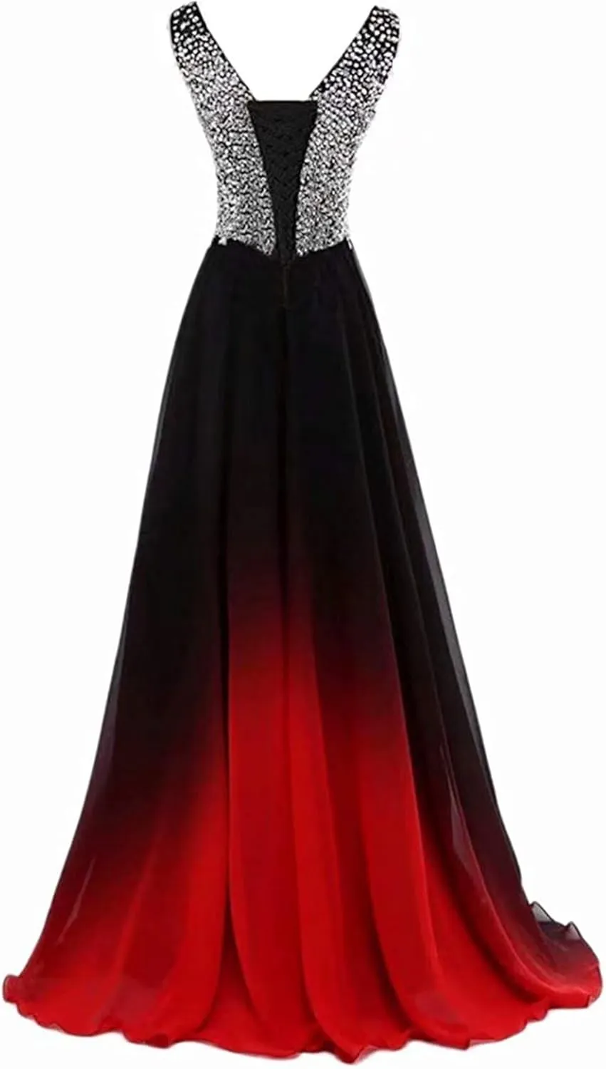 Women's Ombre Chiffon Bridesmaid Dresses Long Sequins Beaded Prom Party Dress for Juniors Plus