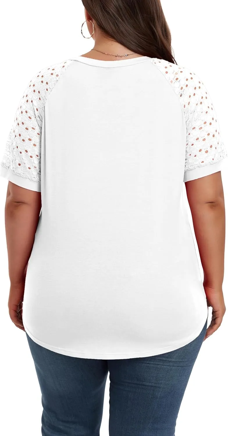 Women's Plus Size Lace Shirt Short Sleeve Round Neck Tops Basic Ladies Loose Fit T Shirt
