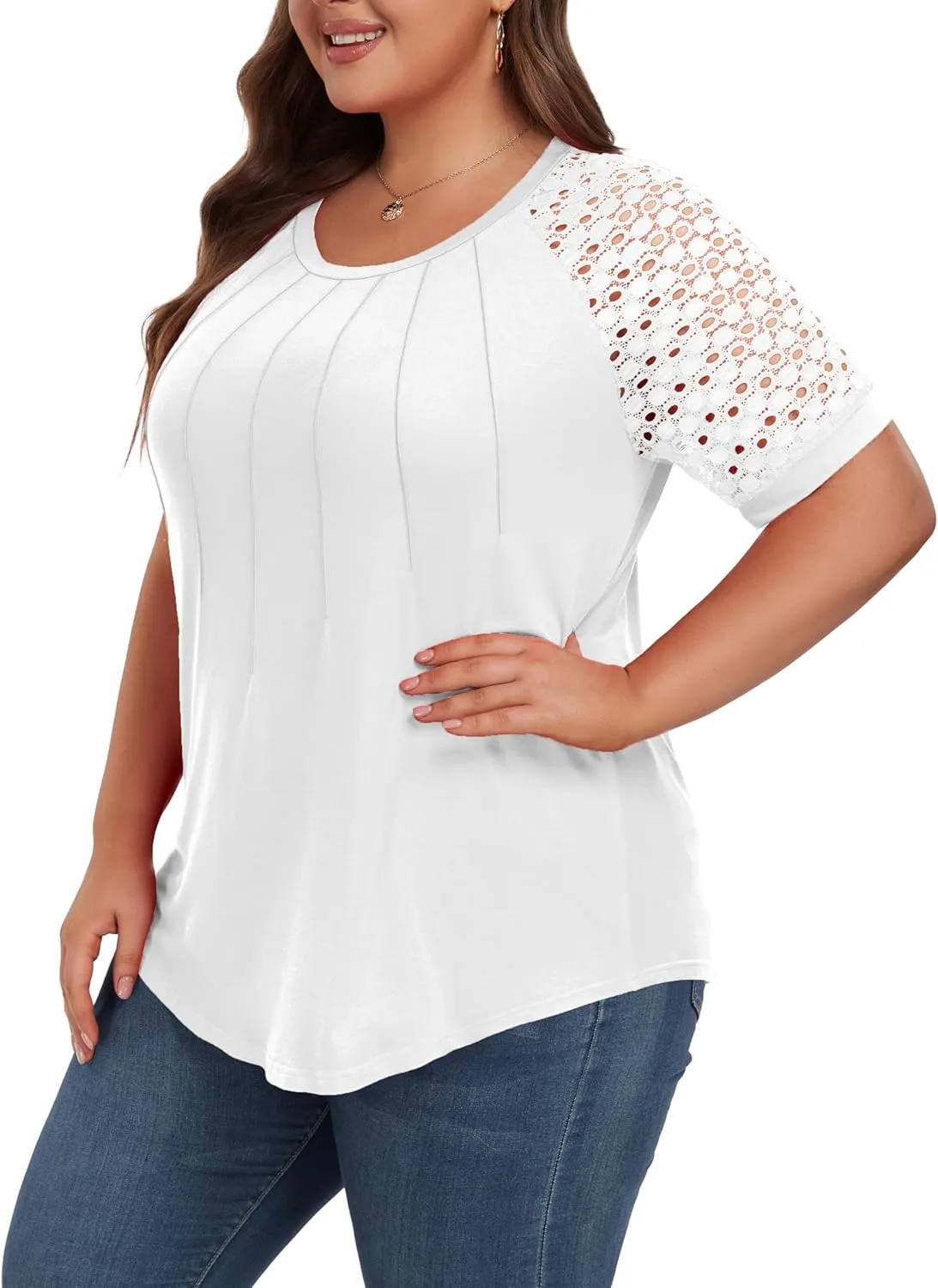 Women's Plus Size Lace Shirt Short Sleeve Round Neck Tops Basic Ladies Loose Fit T Shirt
