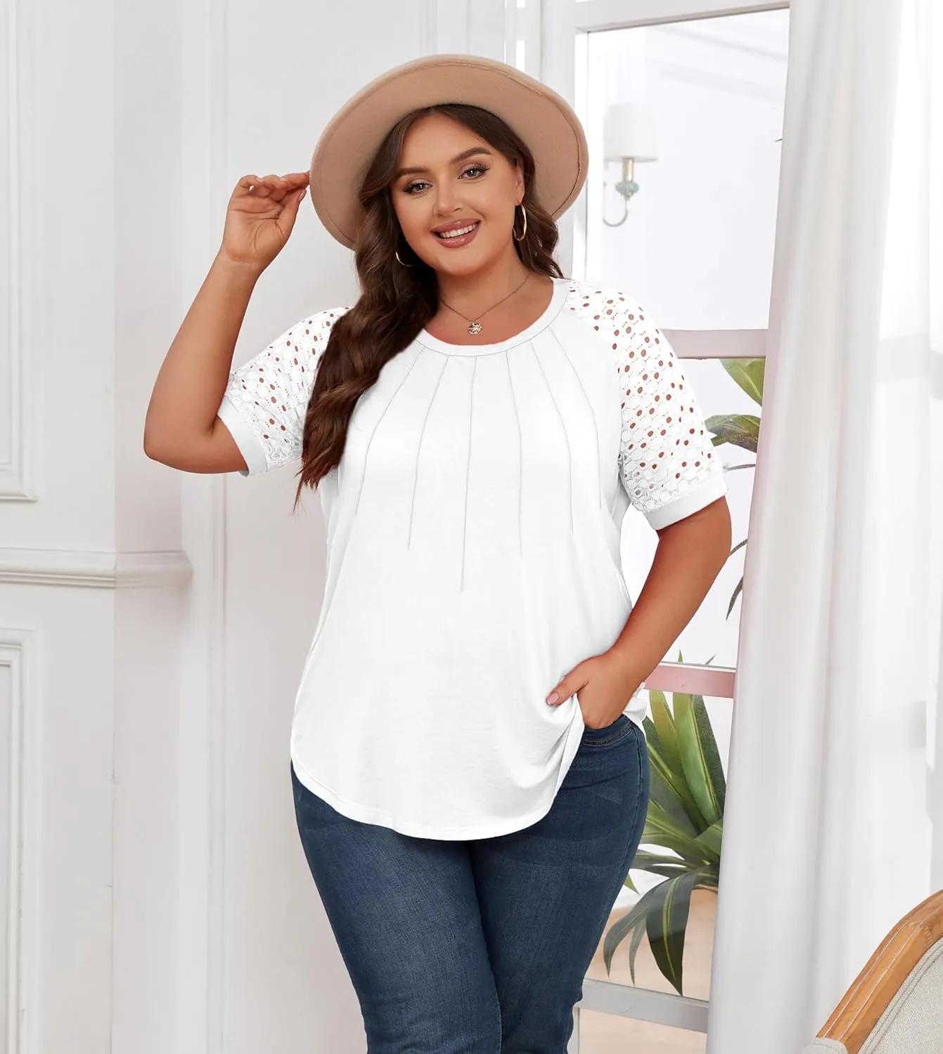 Women's Plus Size Lace Shirt Short Sleeve Round Neck Tops Basic Ladies Loose Fit T Shirt