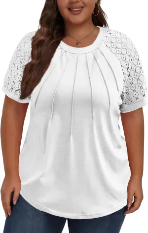 Women's Plus Size Lace Shirt Short Sleeve Round Neck Tops Basic Ladies Loose Fit T Shirt
