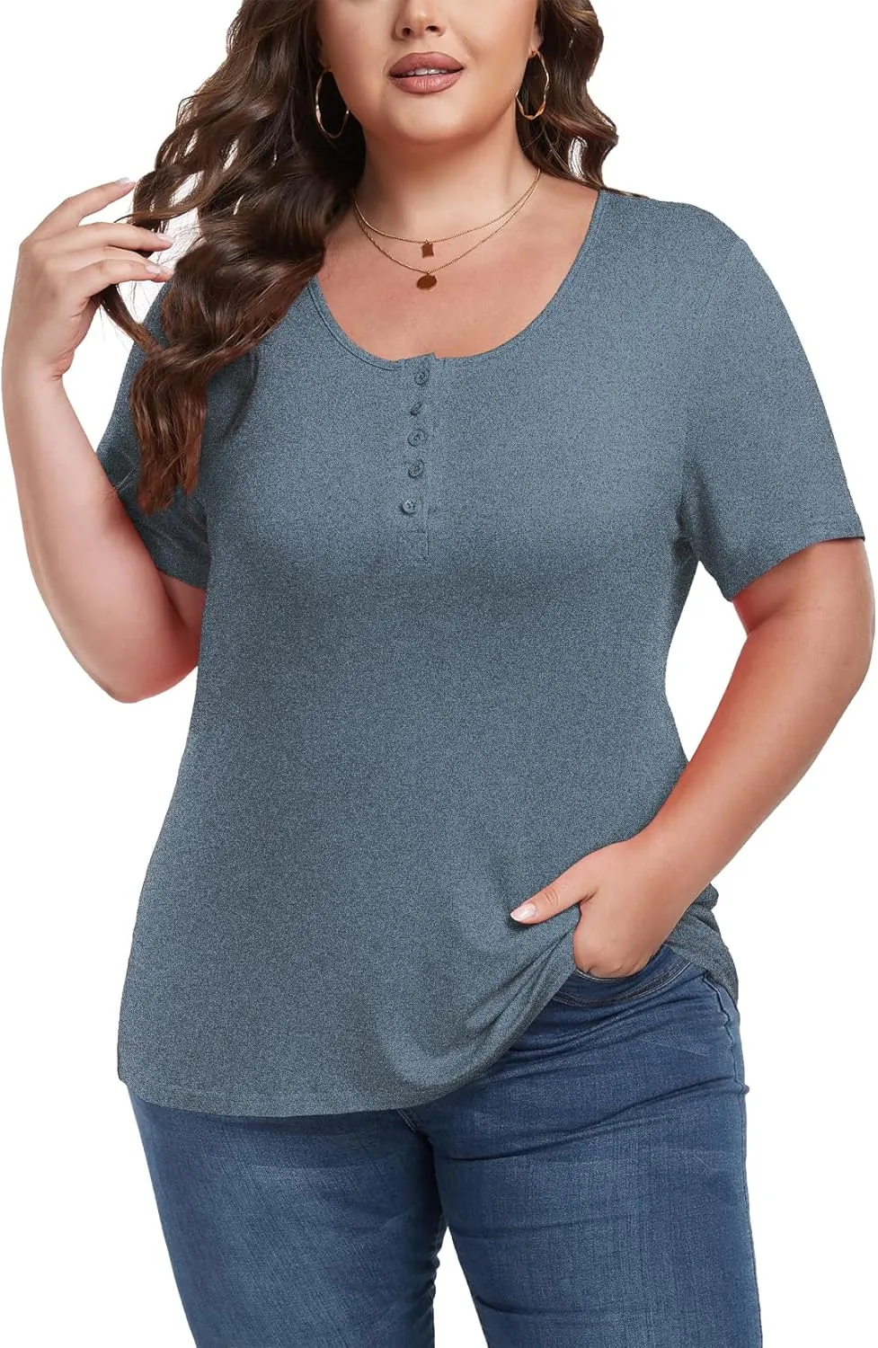 Women's Plus Size Shirt Short Sleeve Button Round Neck Top Basic Ladies Loose Fit T Shirt