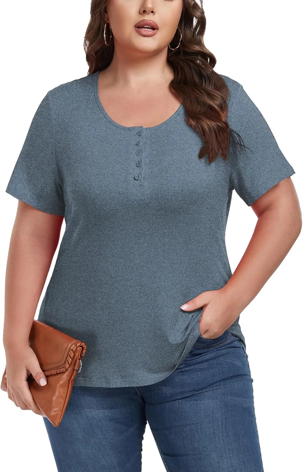 Women's Plus Size Shirt Short Sleeve Button Round Neck Top Basic Ladies Loose Fit T Shirt