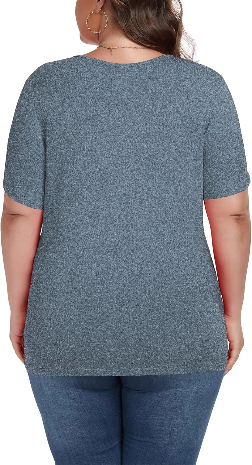 Women's Plus Size Shirt Short Sleeve Button Round Neck Top Basic Ladies Loose Fit T Shirt
