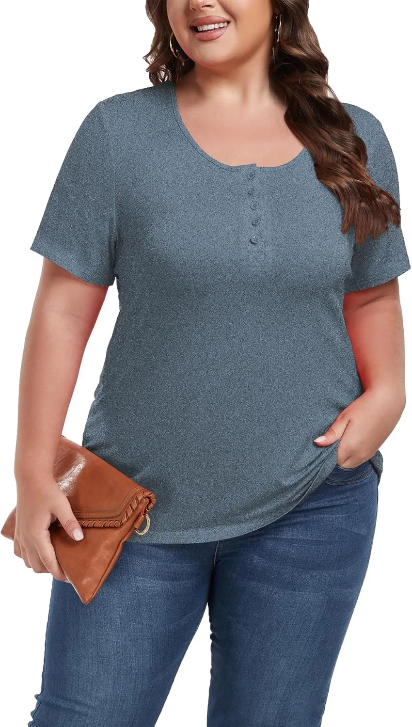 Women's Plus Size Shirt Short Sleeve Button Round Neck Top Basic Ladies Loose Fit T Shirt