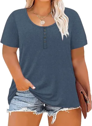 Women's Plus Size Shirt Short Sleeve Button Round Neck Top Basic Ladies Loose Fit T Shirt
