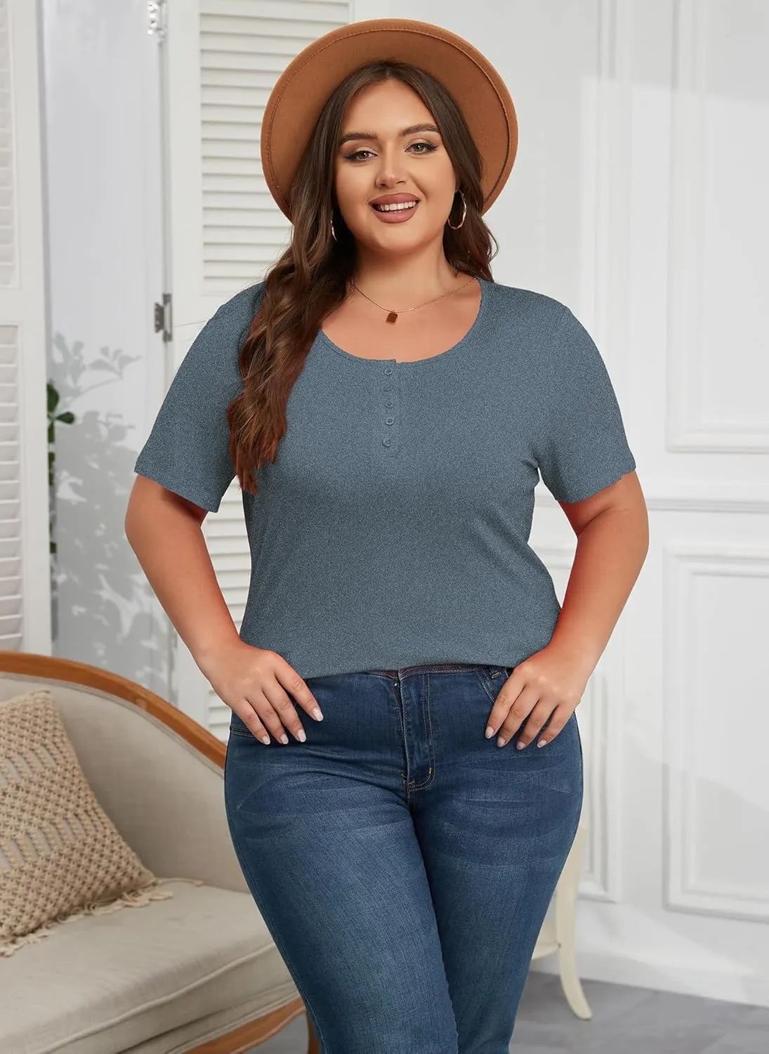 Women's Plus Size Shirt Short Sleeve Button Round Neck Top Basic Ladies Loose Fit T Shirt