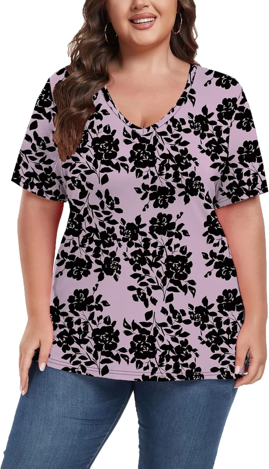Women's Plus Size Short Sleeve Tee Shirt V Neck Basic Ladies Loose Fit T Shirt 1X-5X