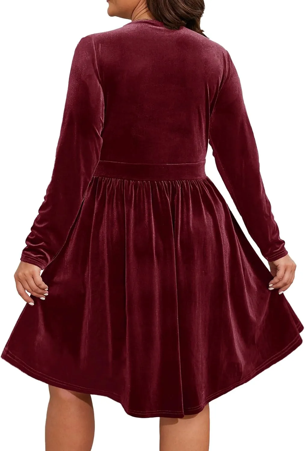 Womens Plus Size V Neck Velvet Dress Long Sleeve Wrap Empire Waist Midi Dress for Wedding Guest
