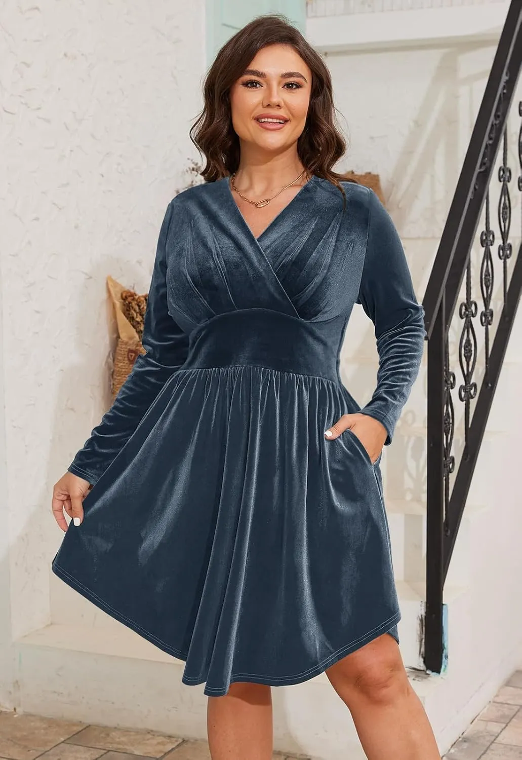 Womens Plus Size V Neck Velvet Dress Long Sleeve Wrap Empire Waist Midi Dress for Wedding Guest