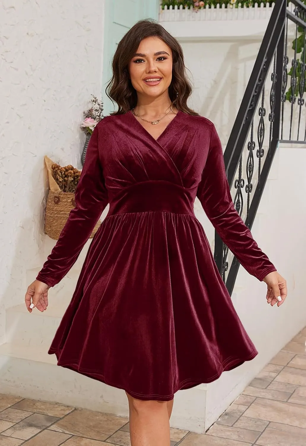 Womens Plus Size V Neck Velvet Dress Long Sleeve Wrap Empire Waist Midi Dress for Wedding Guest