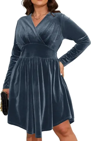 Womens Plus Size V Neck Velvet Dress Long Sleeve Wrap Empire Waist Midi Dress for Wedding Guest